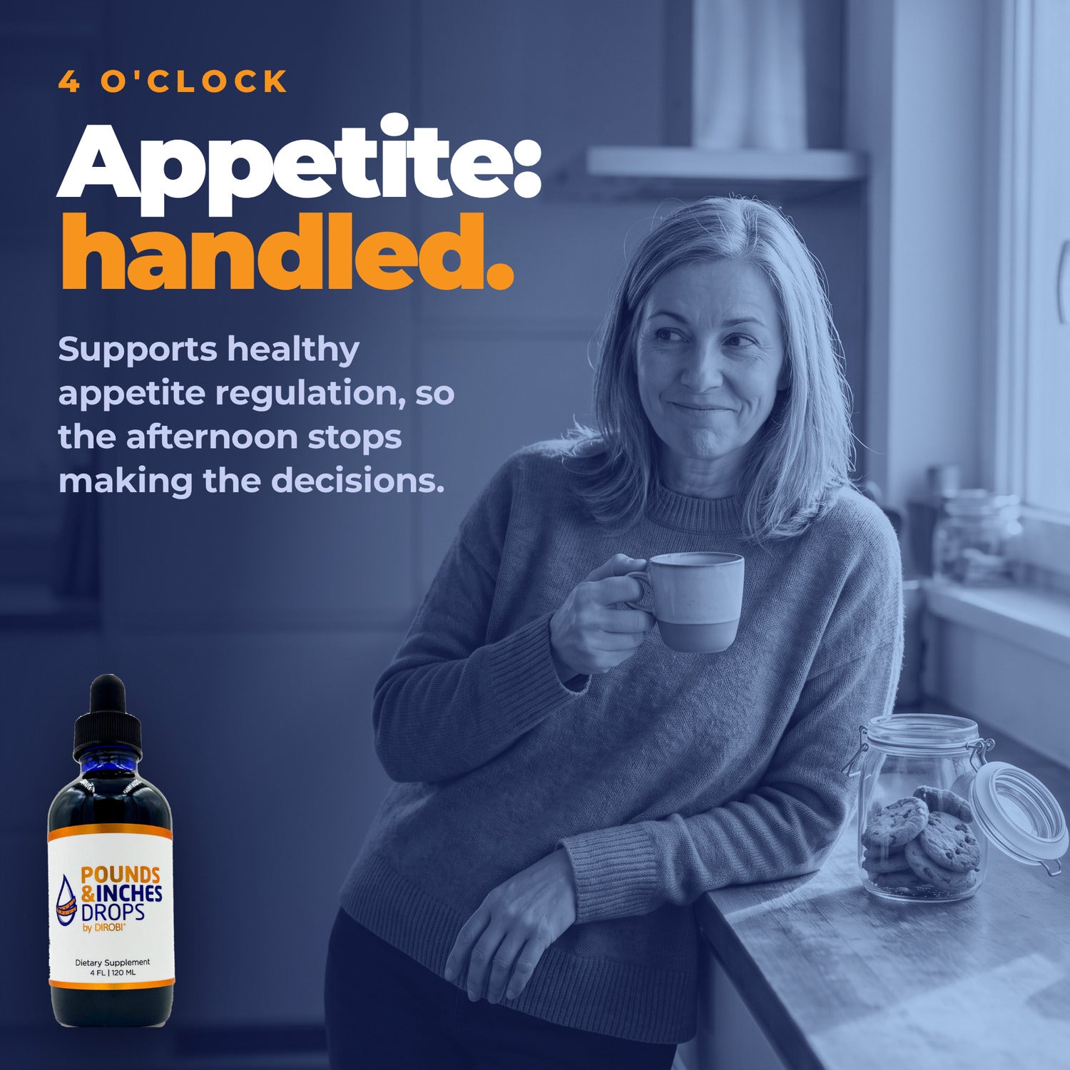 Appetite handled. A woman in her fifties relaxed at a kitchen counter beside an open cookie jar, untempted.