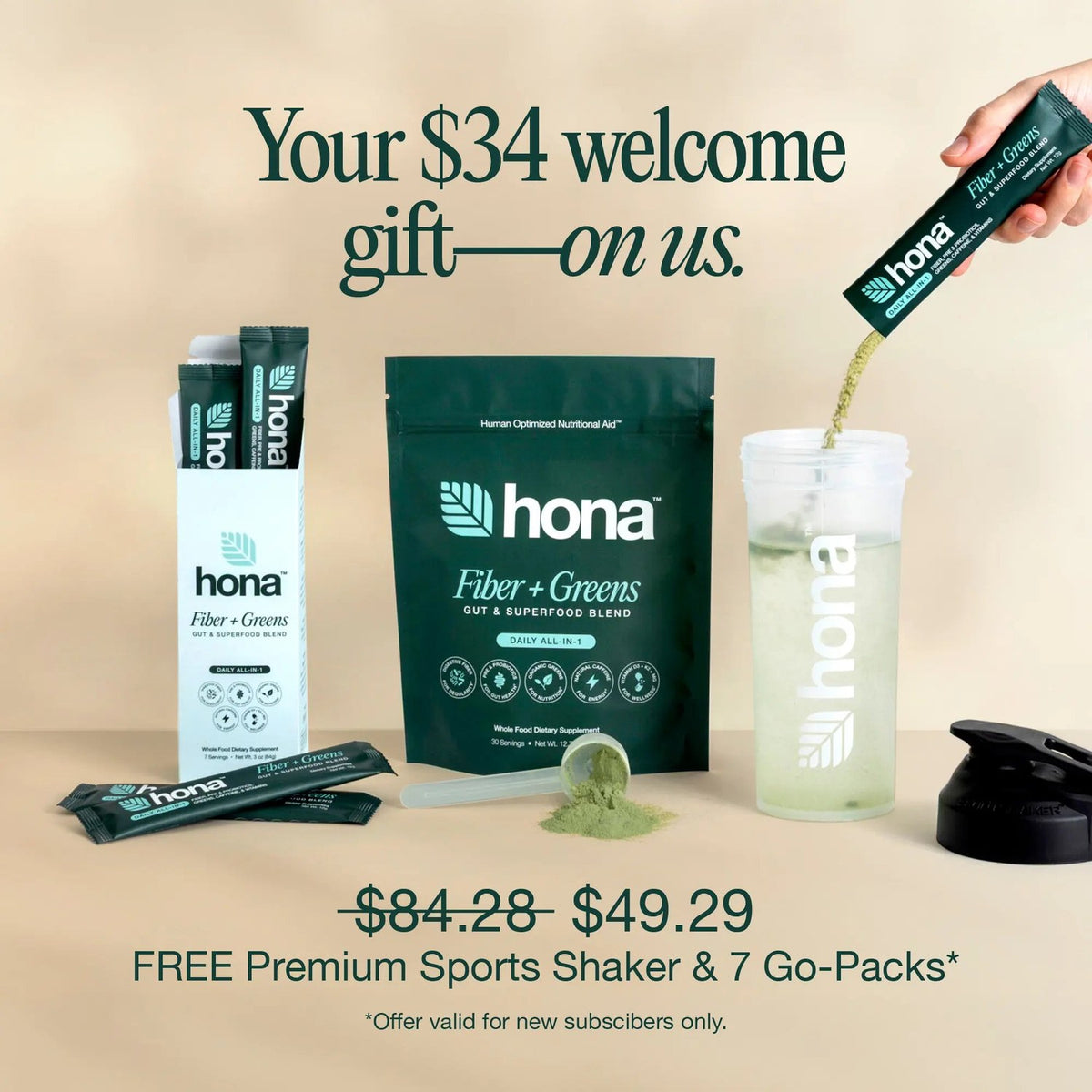 One scoop of Hona Fiber + Greens being mixed into a shaker bottle