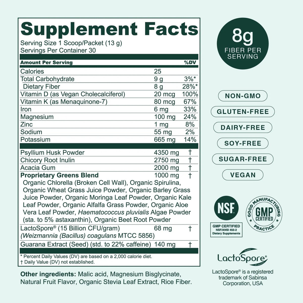 Hona Fiber + Greens supplement facts panel, 8 g fiber per serving