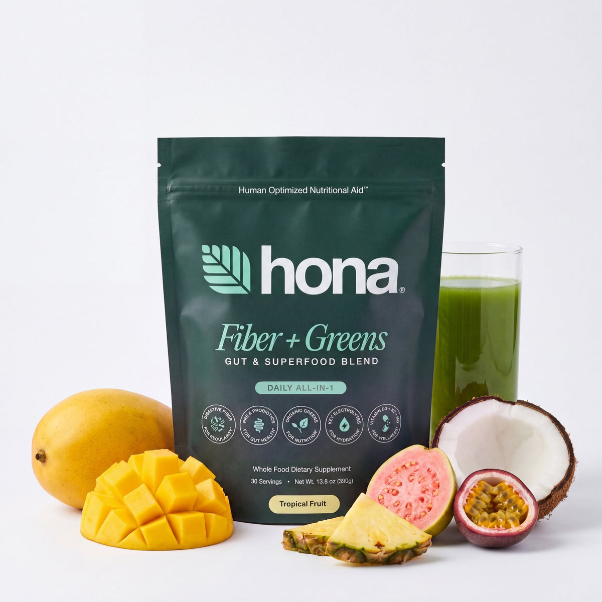 Hona Fiber + Greens mixed into a glass, tropical fruit flavor